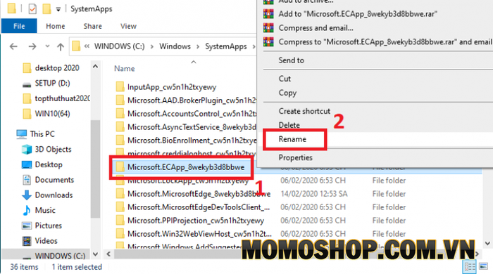 Tại đây, tìm và nhấp chuột phải vào thư mục Microsoft.ECApp_8wekyb3d8bbwe => nhấp vào Rename.