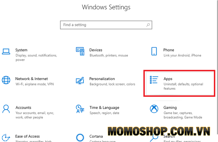 Bạn nhấn tổ hợp Windows + L để mở cửa sổ Settings => rồi chọn Apps như hình bên dưới.