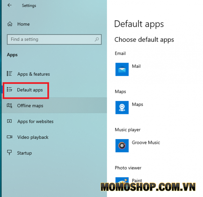 Giao diện quản lý ứng dụng sẽ xuất hiện, nhấp vào Default apps ở bên trái như hình bên dưới.