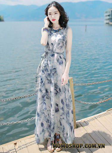 Váy maxi đi biển 2023 đẹp màu xanh nhã nhặn - Giá chỉ 420k
