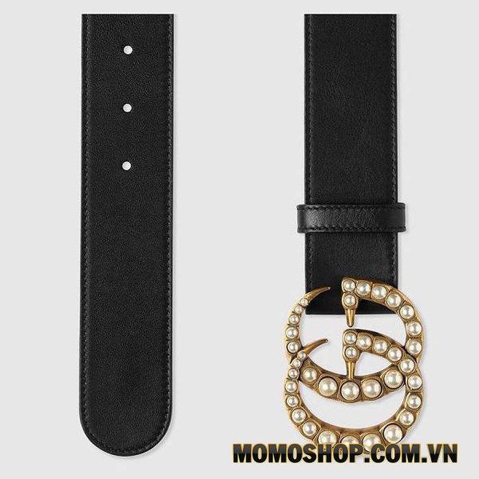 Thắt lưng bản to cho nữ Gucci Leather Belt With Pearl Double G
